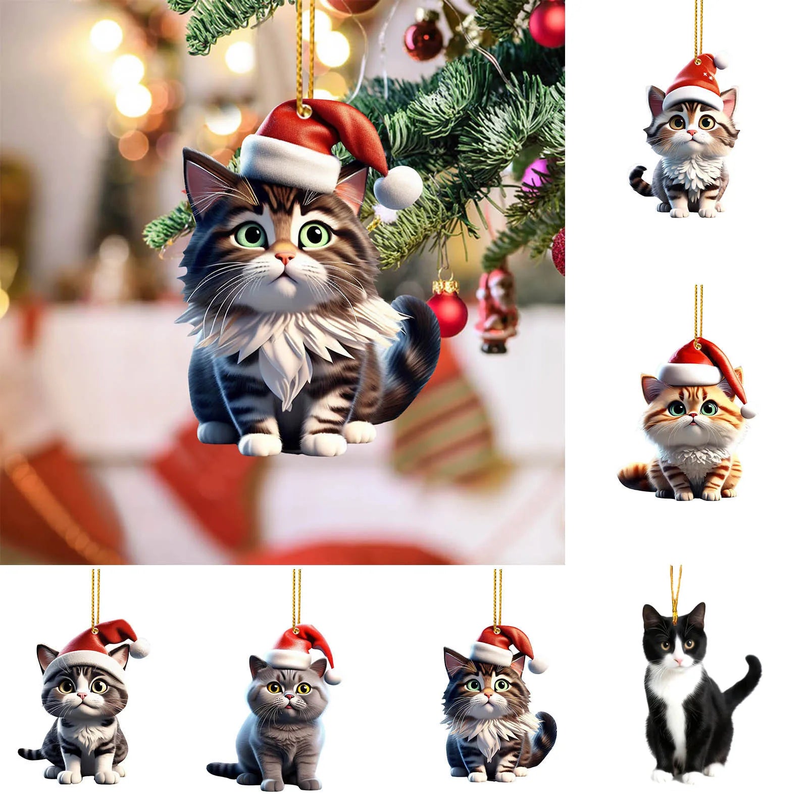 2D Acrylic Funny Cat Christmas Tree Ornament | Santa Hat