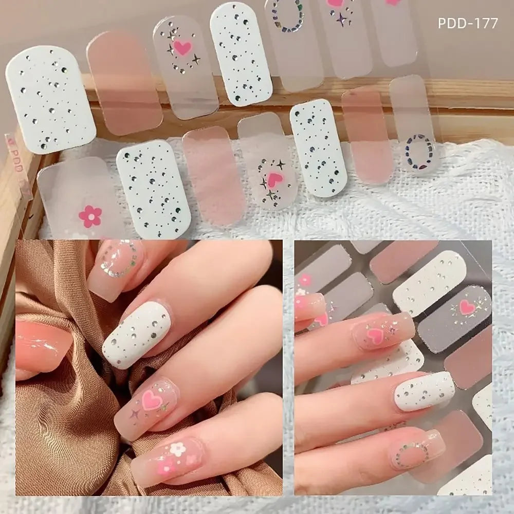 14Strips Gel Nail Stickers Full Cover Floristic Art Semi Cured Polish