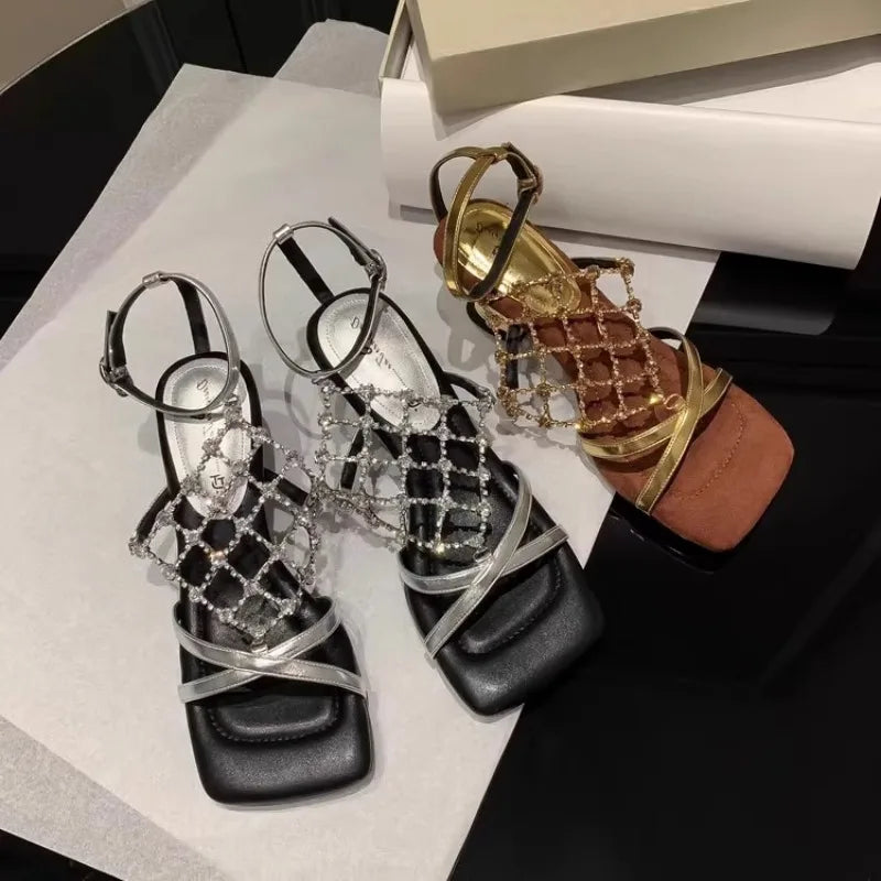 2026 Fashion Narrow Band Open Toe Women's Sandals Rhinestone Mesh Zpaxo