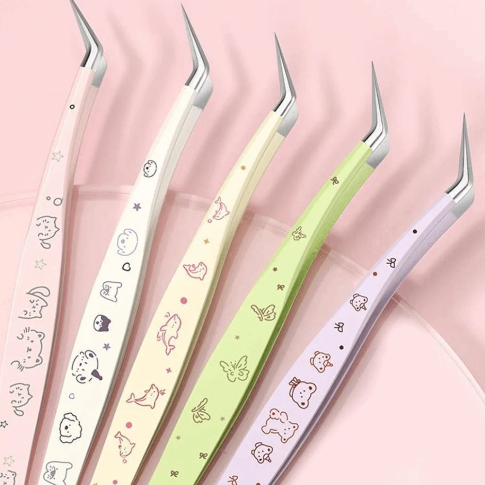 Stainless Steel False Eyelash Tweezers High Precision Anti-static Lashes Extension Tweezer With Leather Case Cartoon Zpaxo