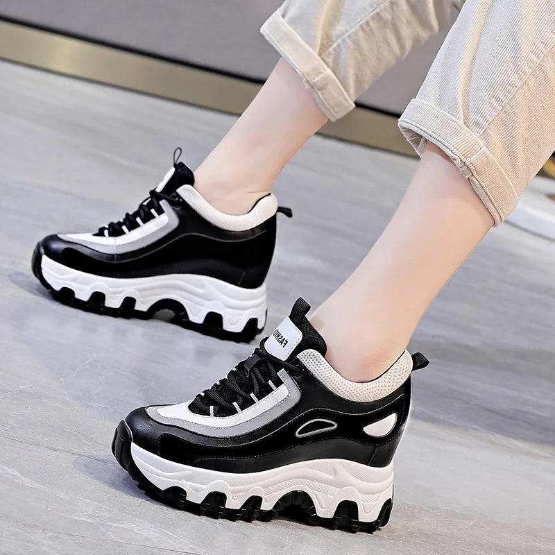 Tone Platform Wedge Sneakers Women Lace Up Design Round Toe Non Slip Zpaxo