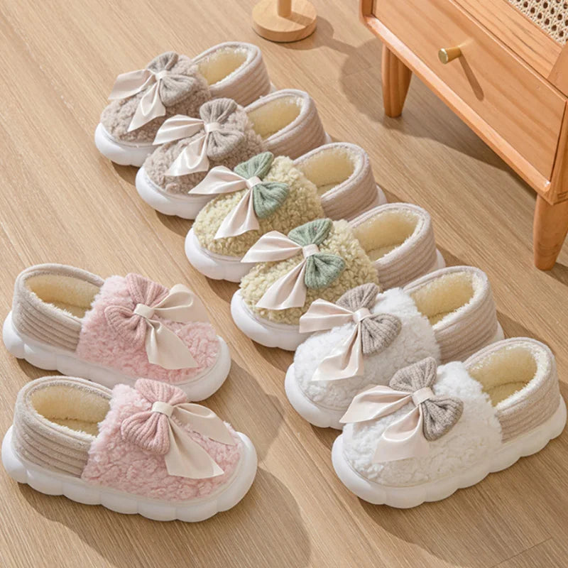 Fur Slippers Women Winter Bow Furry Fashion Warm Ankles Plush Cozy