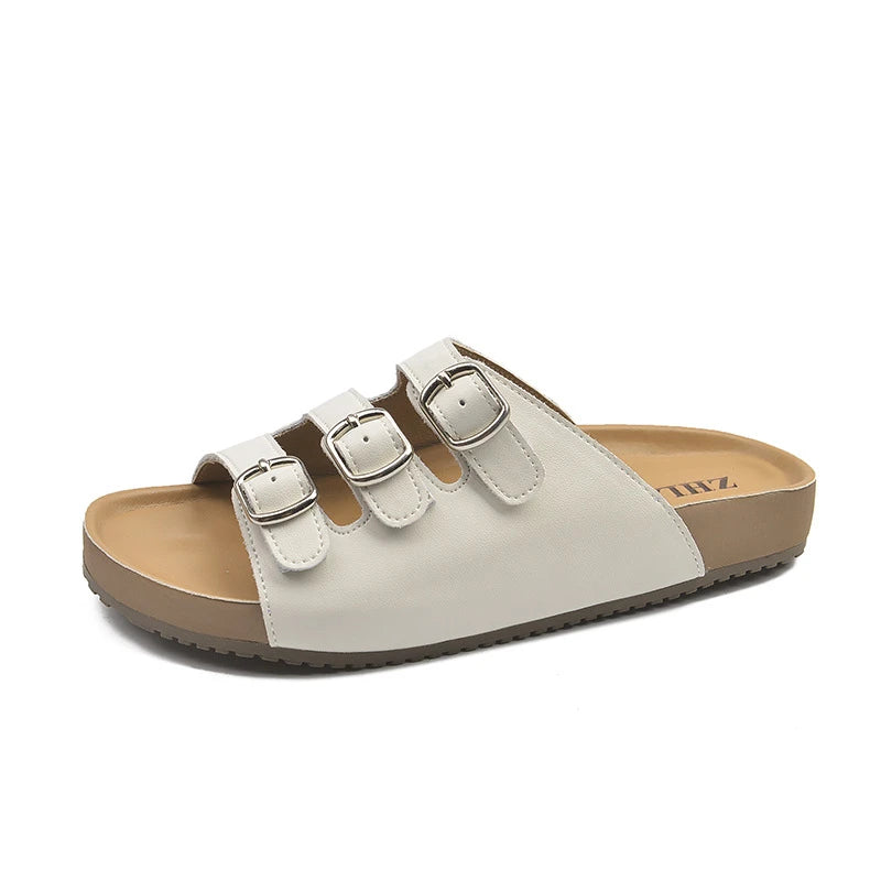 Womens Silver Three Buckle Strap Slide Sandals Open Toe Flat Slippers Zpaxo