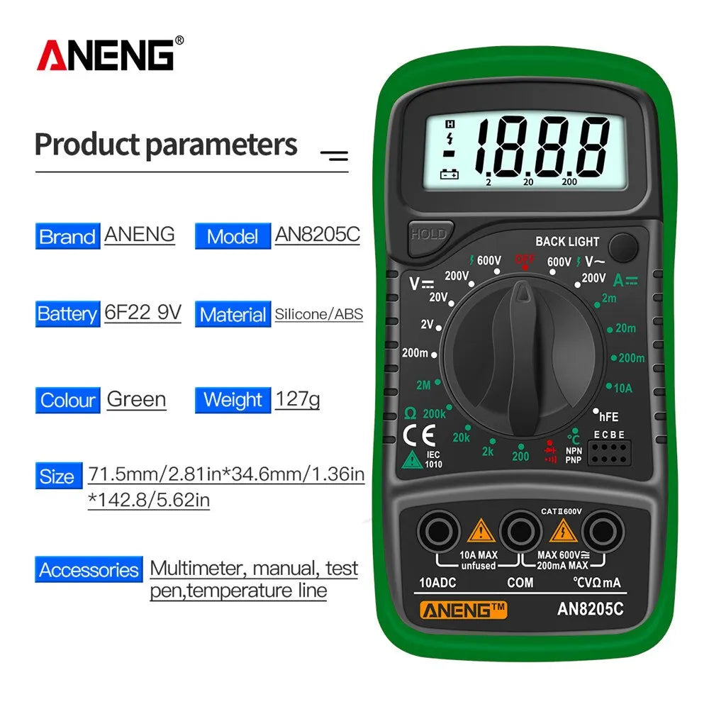 ANENG AN8205C Digital Multimeter Meter Thermocouple LCD Backlight