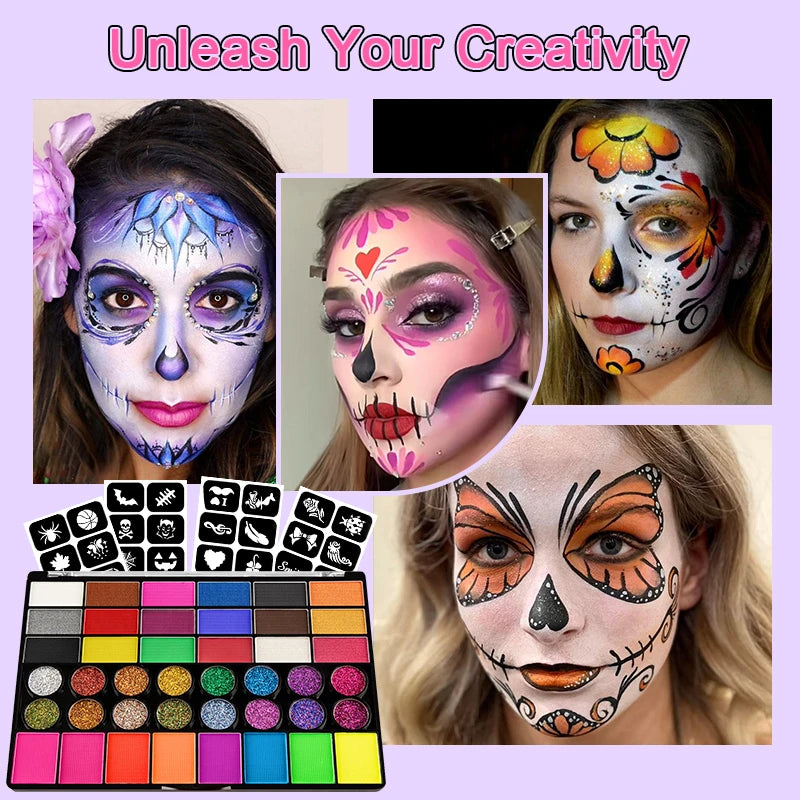 42-Colors Face Body Painting Palette Set,UV Glow Fluorescent Neon Face Body Art Paint Glitter Body Paint Makeup for Festival Zpaxo