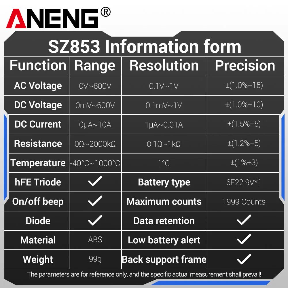 ANENG SZ853 Digital Multimeter 1999 Counts AC DC Voltage Current