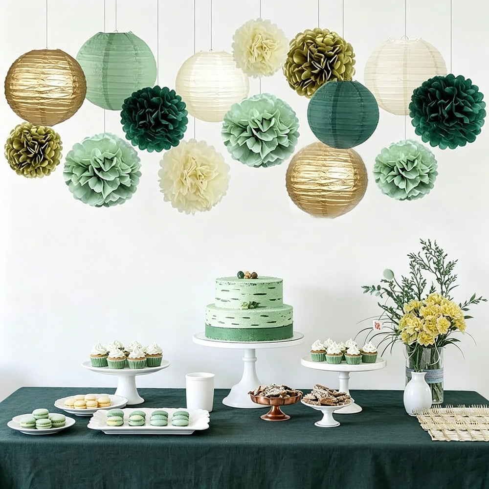 Sage Green Party Decorations Paper Lanterns Pom Poms Tissue Flower