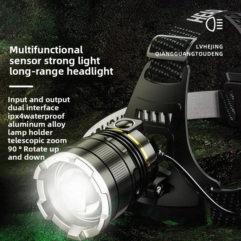 LED Ultra Strong Headlight Sensing Zoom Charging Head Flashlight