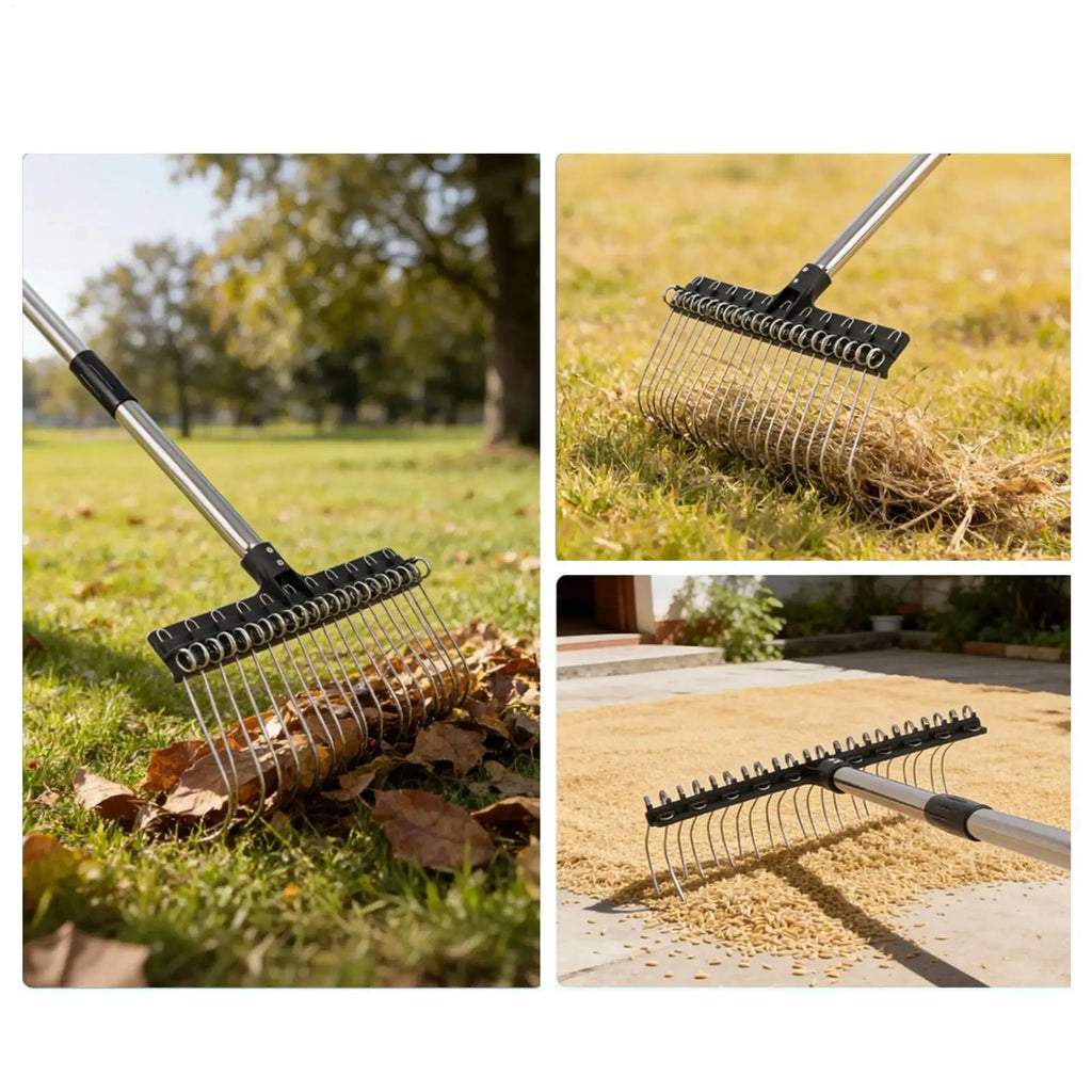 Lawn Rake 38.58-63 in Expandable Adjustable Ergonomic Multi-Purpose Metal Rake for Grass Leaves Gardening Lawn Shrub Mulch Zpaxo