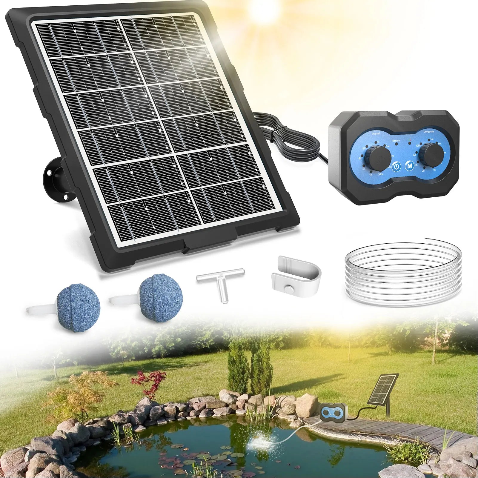 Solar Air Pump with Timer Pond Solar Oxygen Pump 2 Modes Solar Pond Aerator Bubble Adjuster for Small Pond Hydroponics Fish Tank Zpaxo Default Title