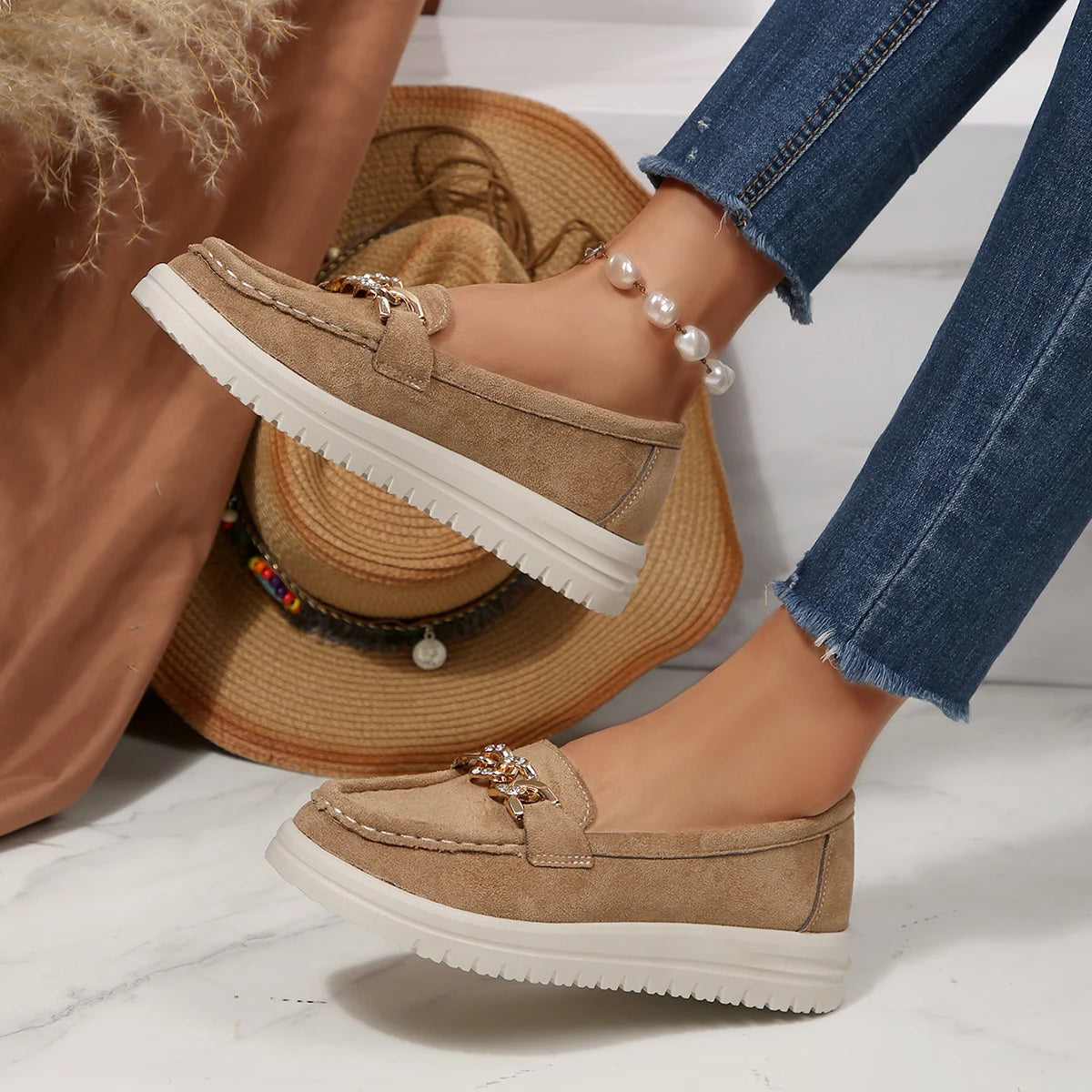 Women Flats Loafers Round Toe Solid Soft Sole Flat Shoes Spring Autumn Casual Slip on Mary Jane Shoes Fashion Sneakers Women Zpaxo Khaki 43