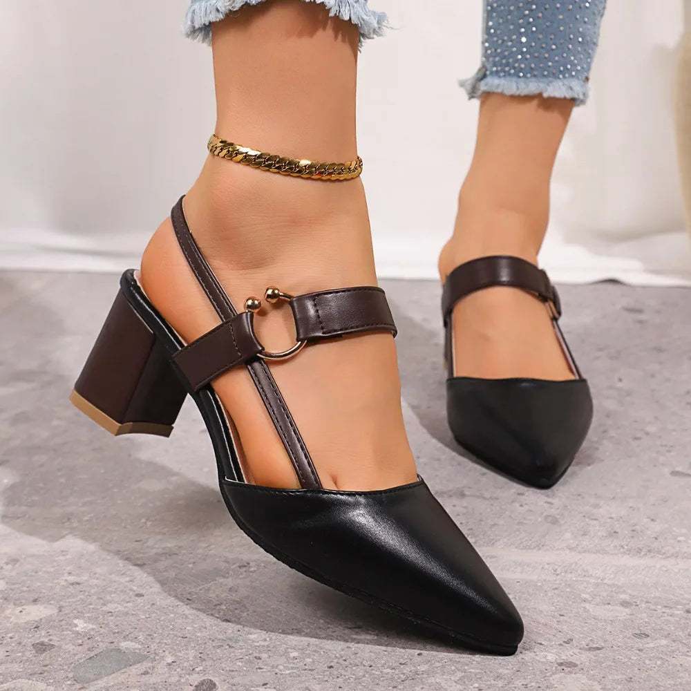 Elegant Pointed Toe Chunky Heel Sandals Women Summer Slingback Heels