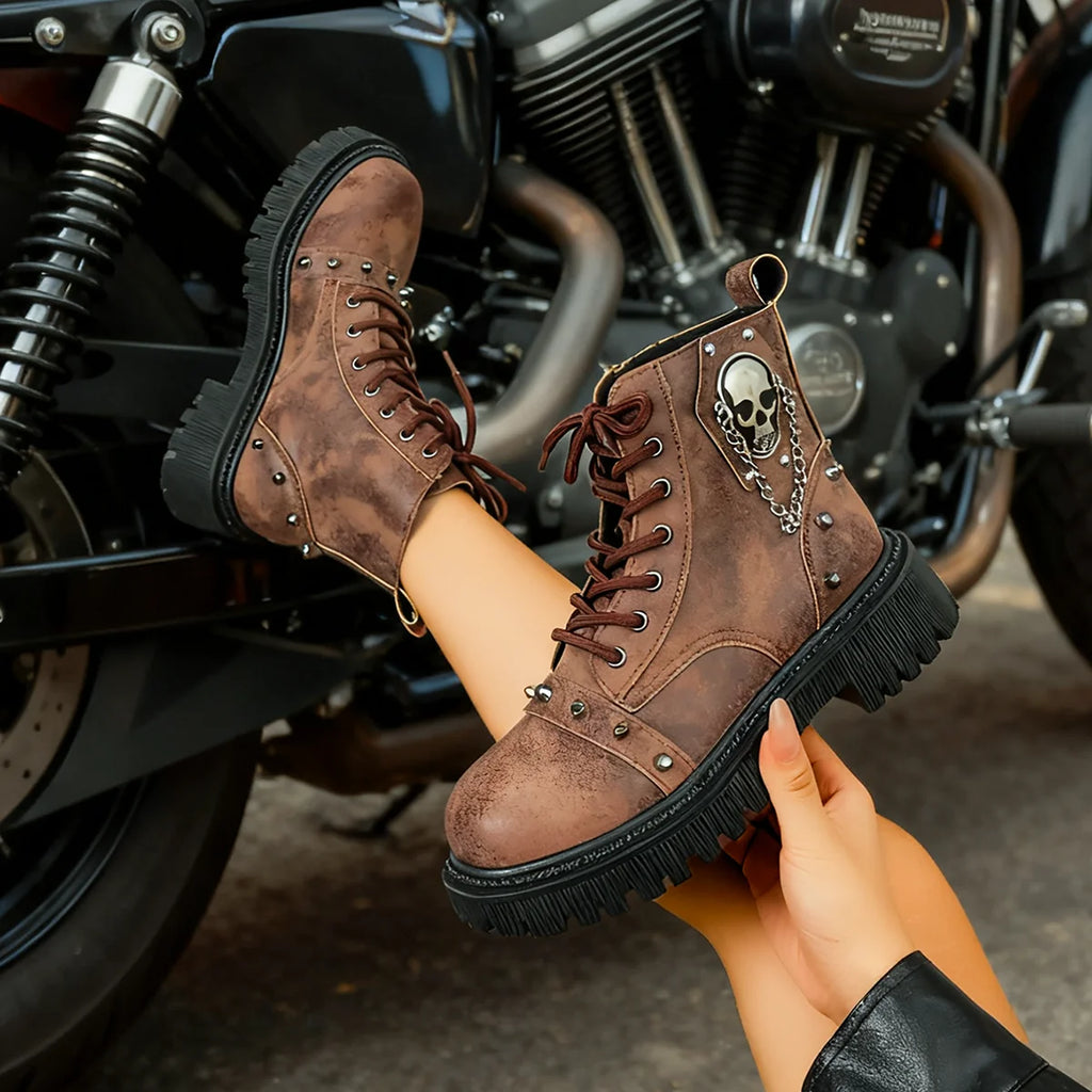 Women Punk Ankle Boots 2025 Metal Decoration Shoes Platform Casual Outdoor Shoes Women Buckle Designer Motorcycle Boots Women Zpaxo