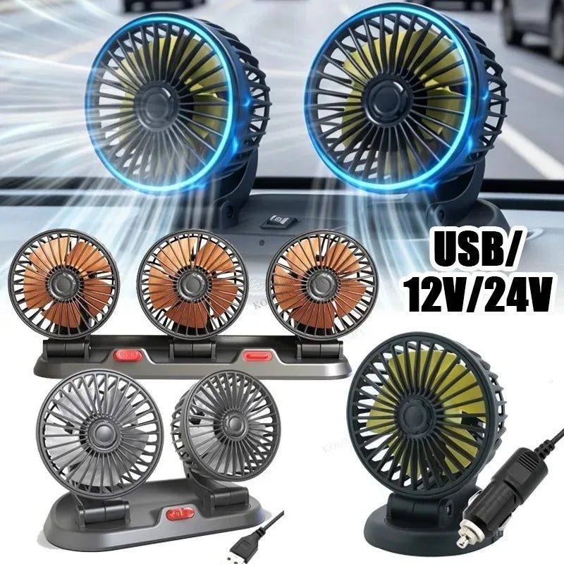 3-Head Car & Desk Fan USB/12V/24V – 2-Speed Silent Fan