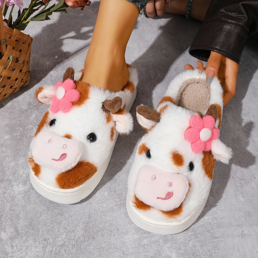 Fluffy Slippers Women Fashion Plush Flat Slippers 2025 New Platform Home Slides Women House Cartoon Cow Designer Women Shoes Zpaxo Brown 44-45