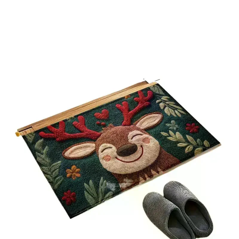 Christmas Deer Fluffy Microfiber Bath Mat - Quick-Dry & Absorbent Festive Holiday Design With Red Berries & Green Leaves Zpaxo
