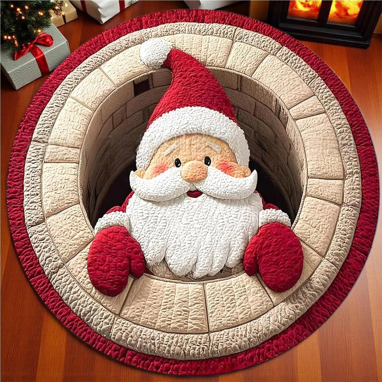 Christmas 3D Rug Round Santa Claus Washable Door Mat Optical Illusion