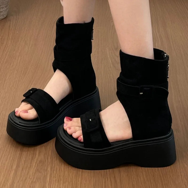 2026 Summer Women's Round Open Toe Solid Buckle Strap Embellishment Zpaxo