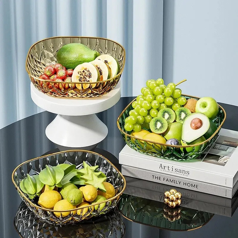 Hot Household Fruit Bowl Salad Dessert Biscuit Plate Plastic Square Transparent Tray Golden Edge Snack Plates Tableware Zpaxo