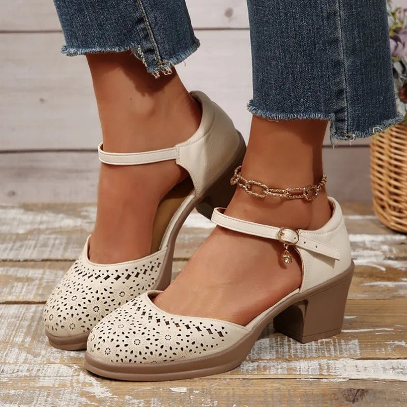 Ankle Strap Heels Sandals Women 2025 Summer Hollow Out Breathable