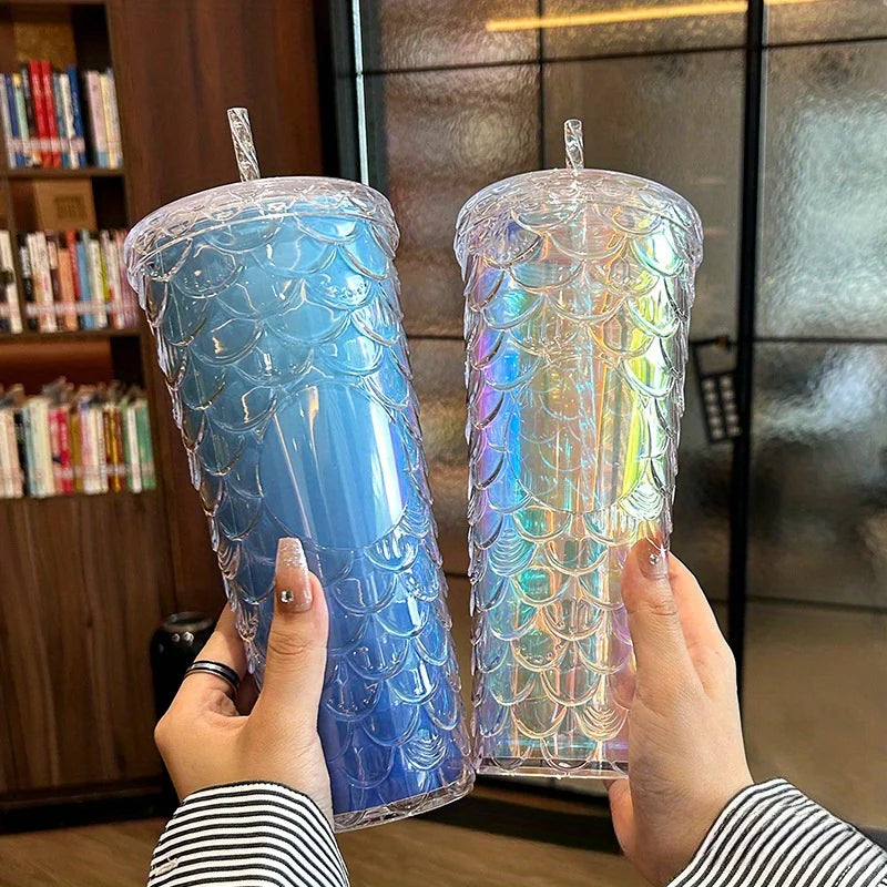 Large Capacity Colorful Laser Double-layer Straw Cup, Fish Scale Plastic Water Cup, Durian Cup Zpaxo