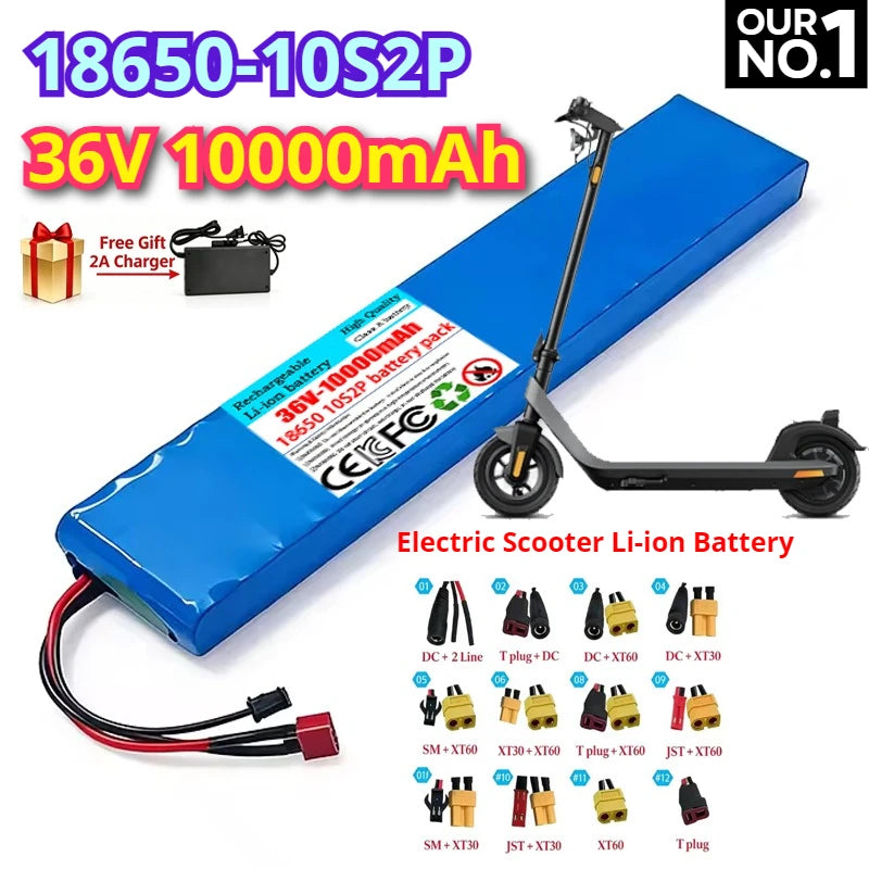 36V 10Ah 10S2P 18650 Rechargeable Lithium Battery Pack 10000mAh 42V-2A Charger Built-in BMS Protection Plate Scooter Battery Zpaxo