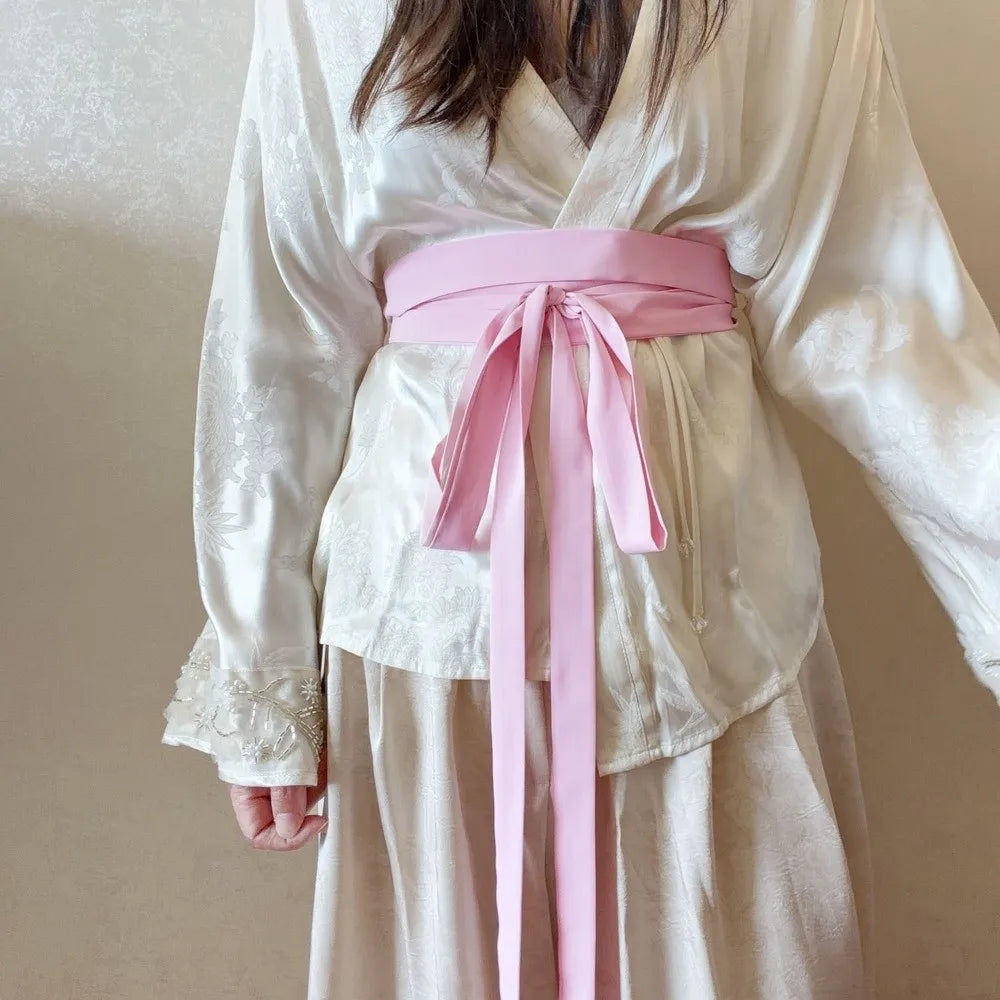 Chiffon Fabric Hanfu Waist Belt Cotton Linen Satin Silk Lace Up Waist Belt Solid Color Bowknot Decoration Silk Waist Rope Zpaxo