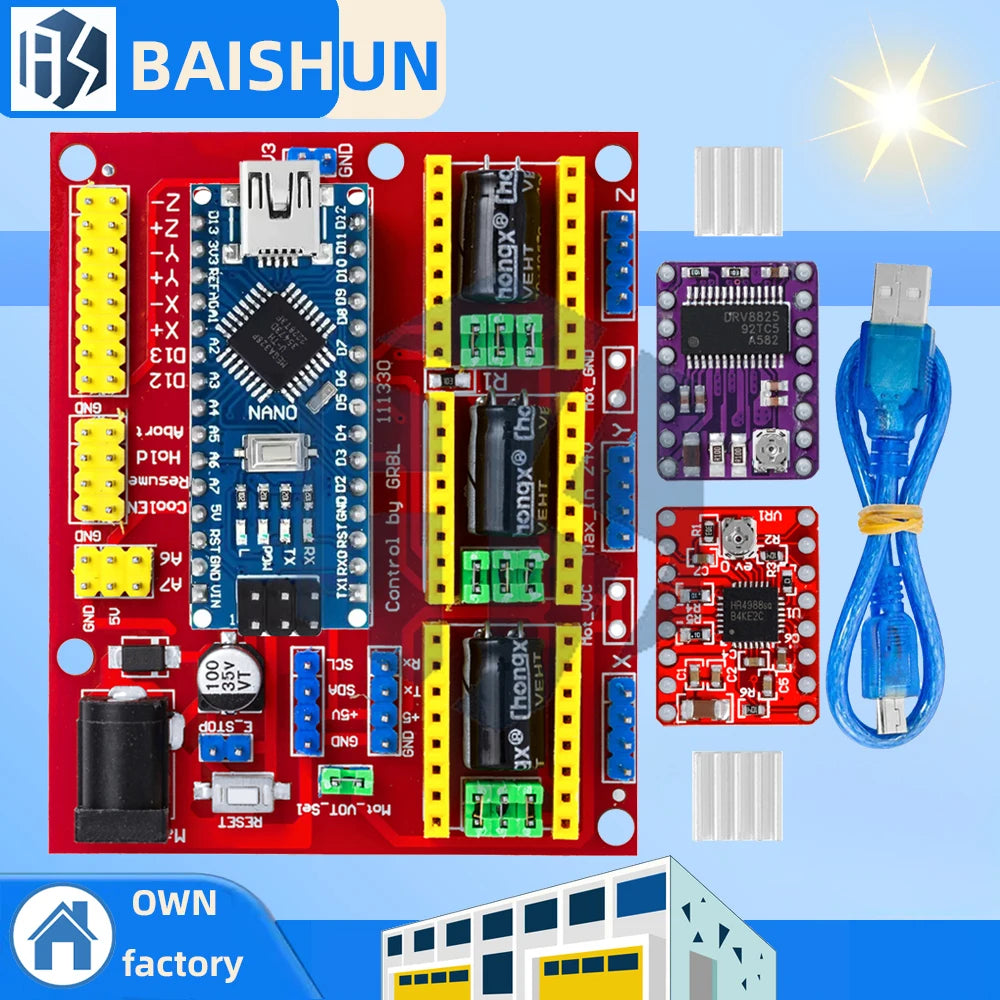 ‌"GRBL-Compatible CNC Shield V4 & Nano 3.0 Bundle with 3x DRV8825 Stepper Drivers – 45V 2.5A Motor Control, 1/32 Microstepping Zpaxo