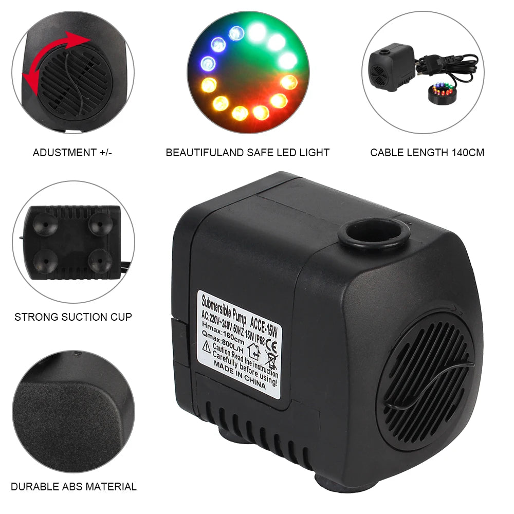 Ultra-quiet Water Pump Garden Aquarium Fountain 15 W Waterproof EU Plug with 12 LED Light Adjustable Zpaxo