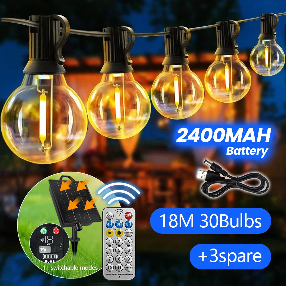 G40 Solar String Lights Outdoor IP65 Waterproof Patio Lights with Remote&Timer 2400mAh USB/Solar Powered Dimmable Outdoor Lights Zpaxo 18M 33Bulbs