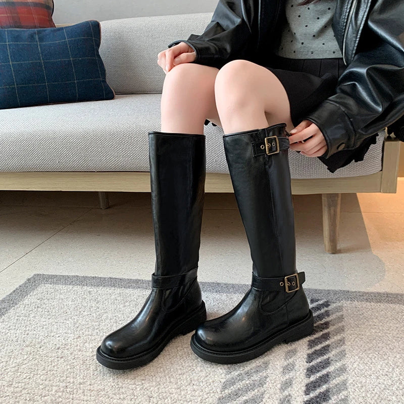 Womens Black Leather Square Toe Knee Boots Buckle Straps Chunky Zpaxo Black Middle Velvet 44 China Mainland