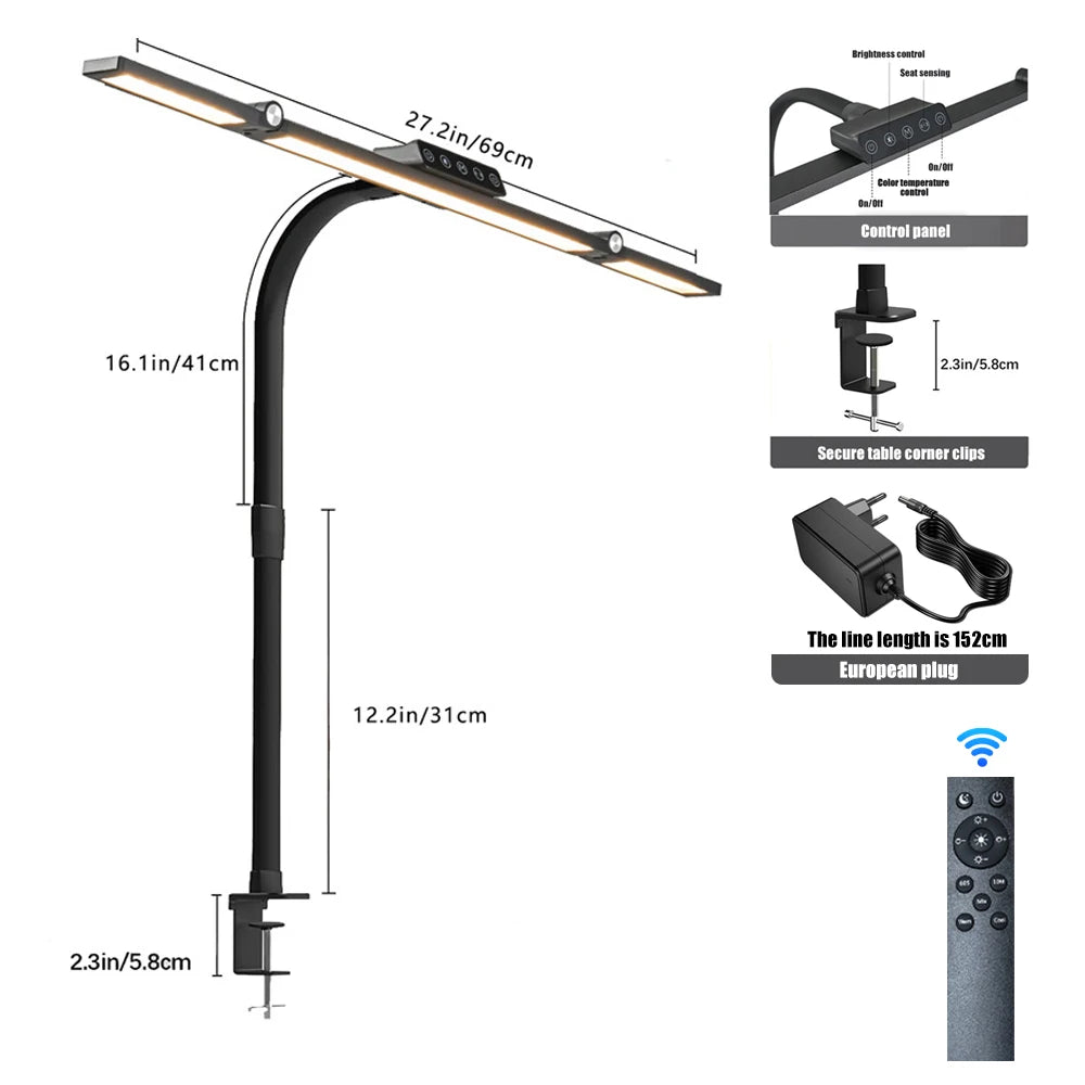 LED Full-Spectrum Eye-caring Desk Lamp with Flexible Gooseneck Stepless Dimming Flicker-Free Touch Control Desk Lamp for Home Zpaxo 24W 3-Head US Plug