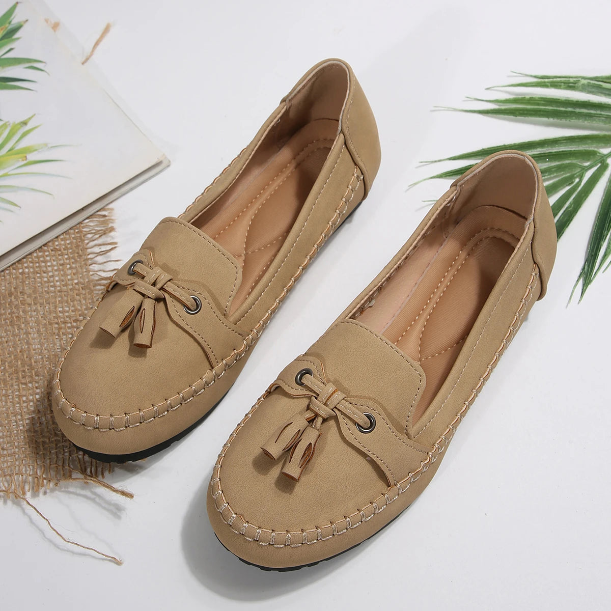 Women's Flats Fashion Breathable Casual Shoes Slip Ballet Suede Zpaxo Khaki 42