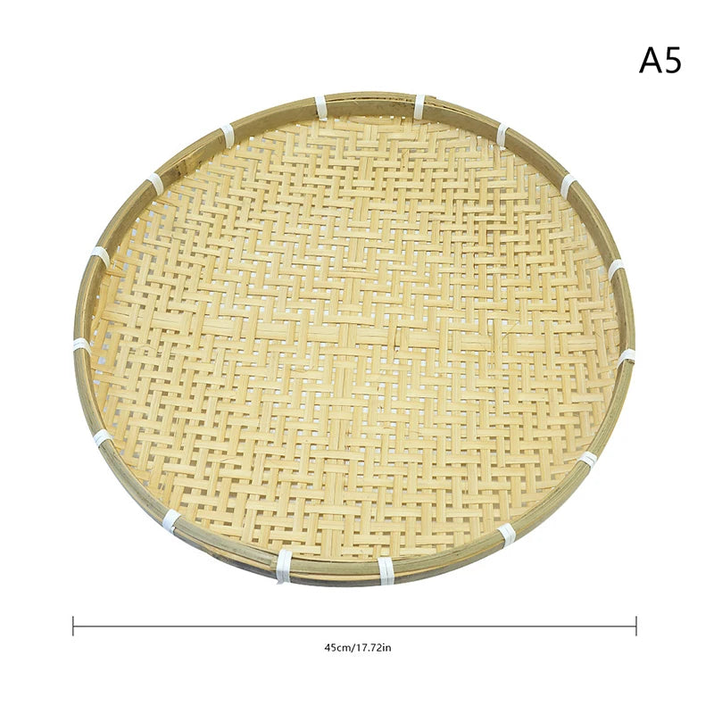 CM1PC Round Bamboo Woven Fruit Basket Tray Flat Wicker Food Storage