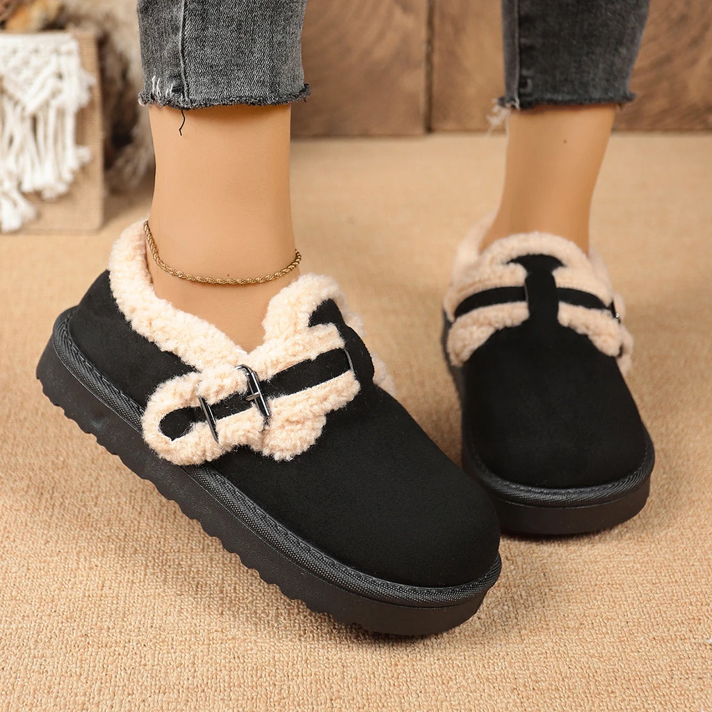 Women Boots Fashion Faux Fur Shoes for Women Winter Thick Bottom Non Slip Ankle Boots Warm Metal Belt Buckle Snow Boots Women Zpaxo