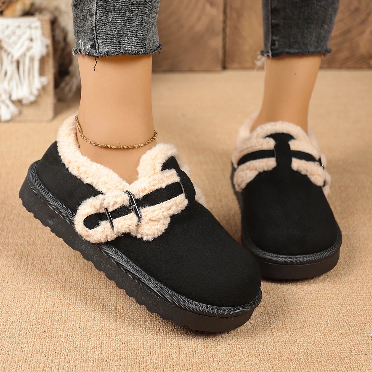 Women Boots Fashion Faux Fur Shoes for Women Winter Thick Bottom Non Slip Ankle Boots Warm Metal Belt Buckle Snow Boots Women Zpaxo