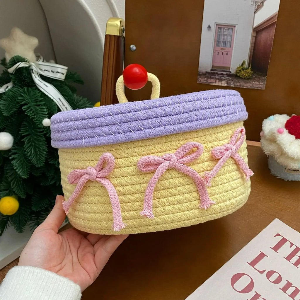 Cotton Rope Woven Storage Basket with Lid – Desktop Organizer Woven Storage Basket Zpaxo B