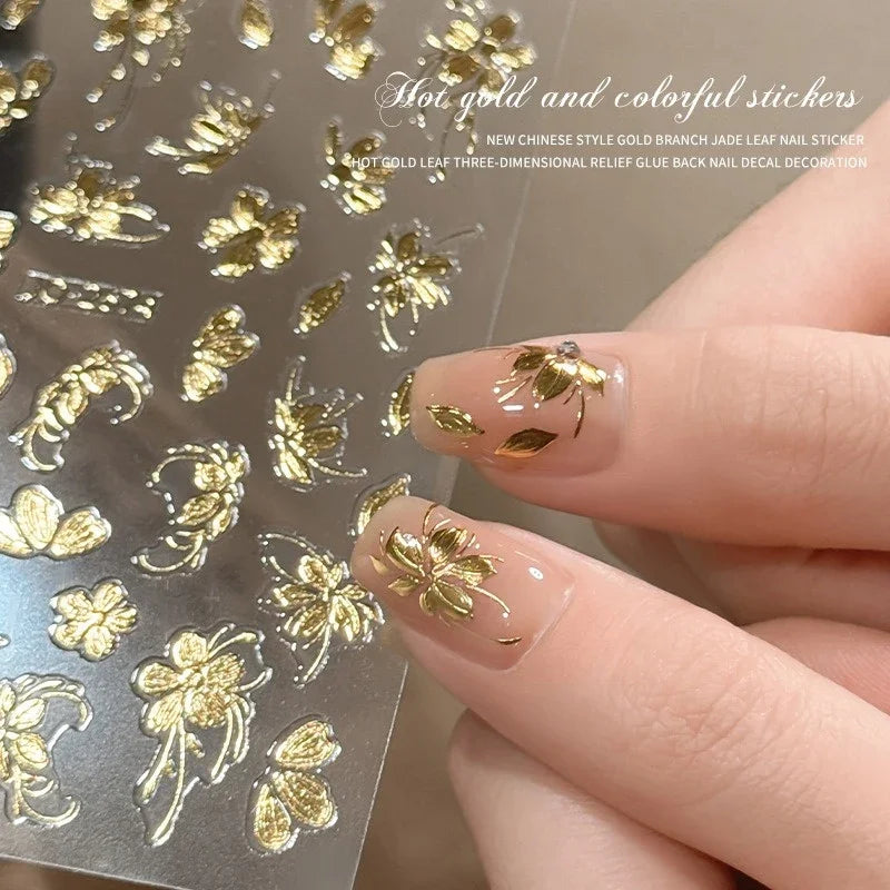 1/4 Sheets 3D Rose Gold Flower Nail Art Stickers Ultra-thin Self-Adhesive High Quality New Gold DIY Decals Manicure Decoration Zpaxo