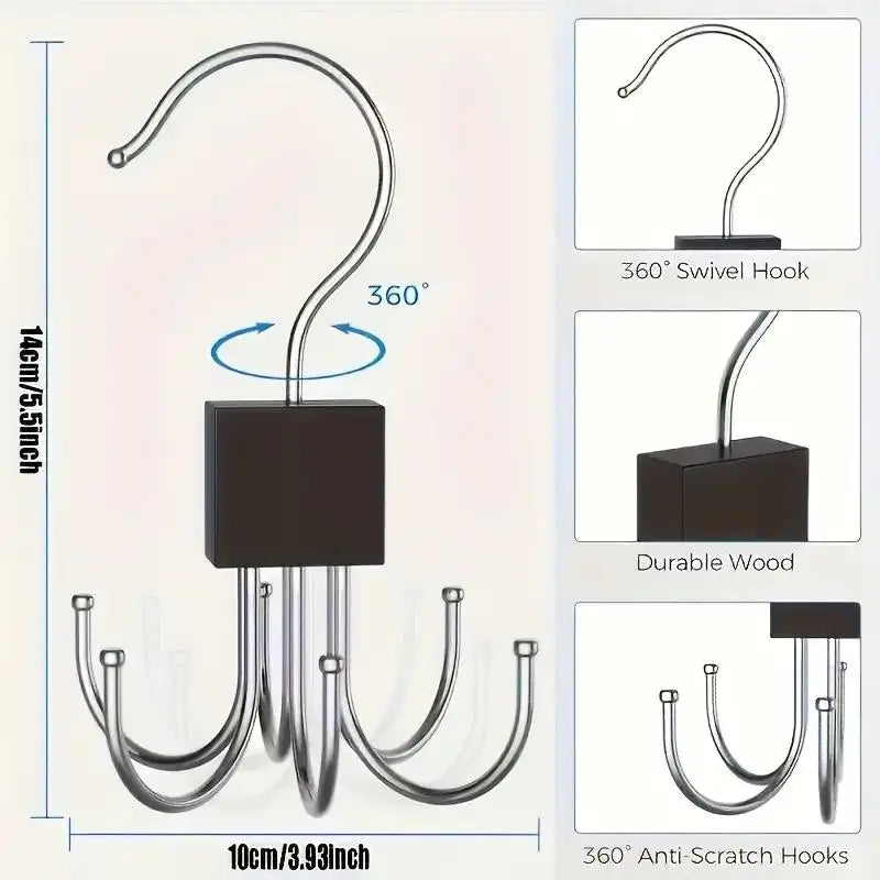 Rotating Wood & Multipurpose Hanger for Belts, Bras, Ties, Scarves,Space-Saving Design with Stainless Steel Hooks Zpaxo