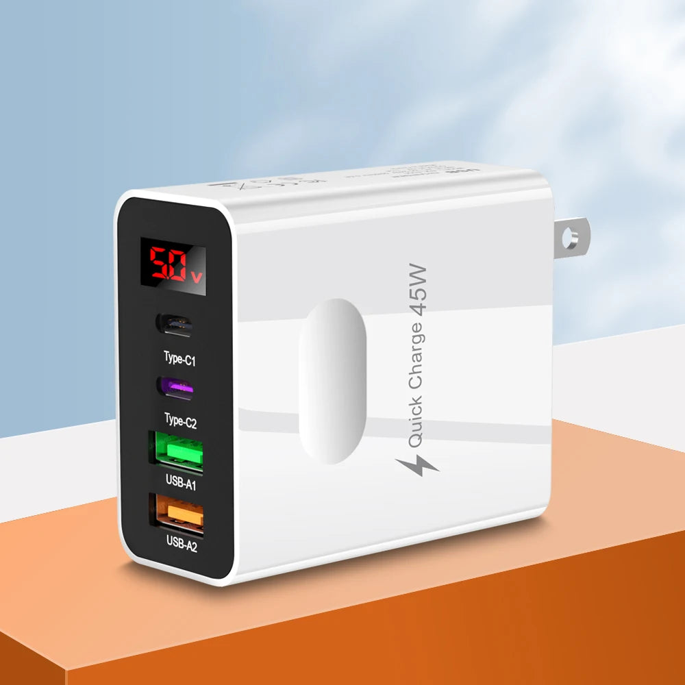 45W 4-Port USB-C Fast Wall Charger | QC 3.0 & PD Display USB Wall Charger Zpaxo US White