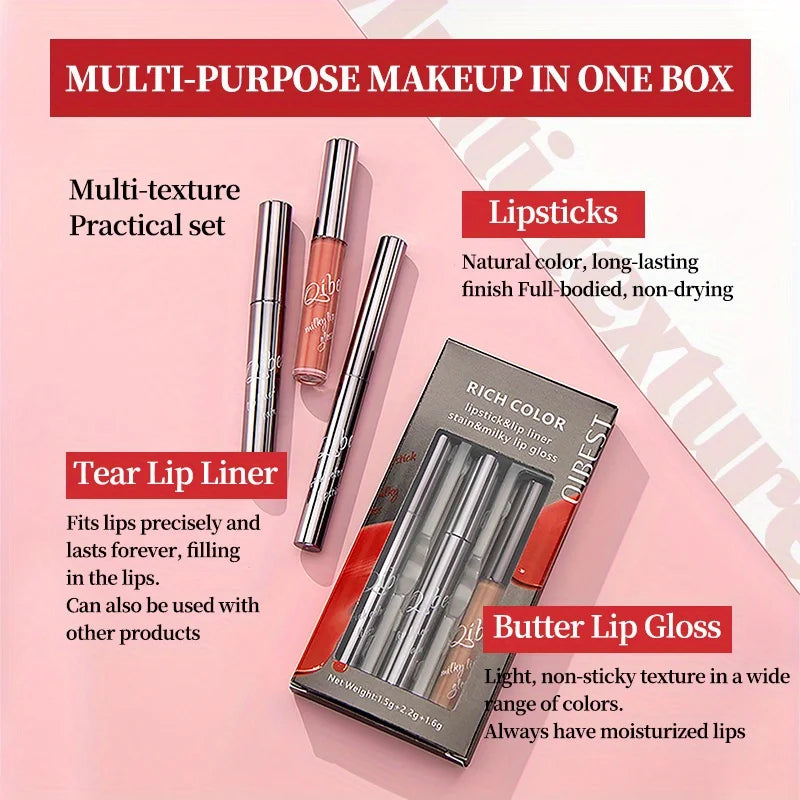 3-Pack Set Casual Lip Makeup Variety Lip Makeup Casual Matching Lipstick & Tear Lip Line & Butter Lip Gloss Zpaxo