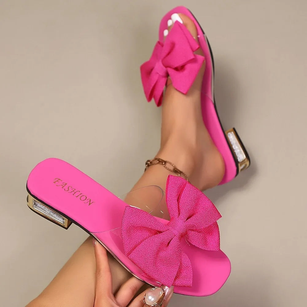 2026 Summer Crystal Heel Sandals Slippers Women Solid Bow Strap