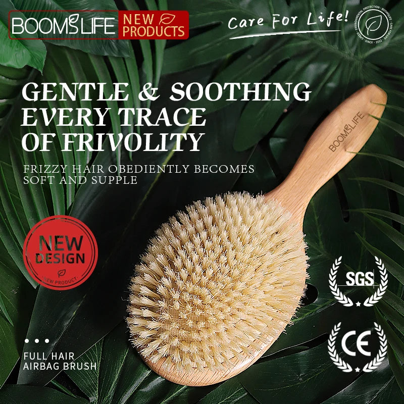 BOOMSLIFE Soft Boar Bristle Hair Brush Women Custom Scalp Massage Detangle HairbrushOak Wood Comb for Hair Barber Accessories Zpaxo