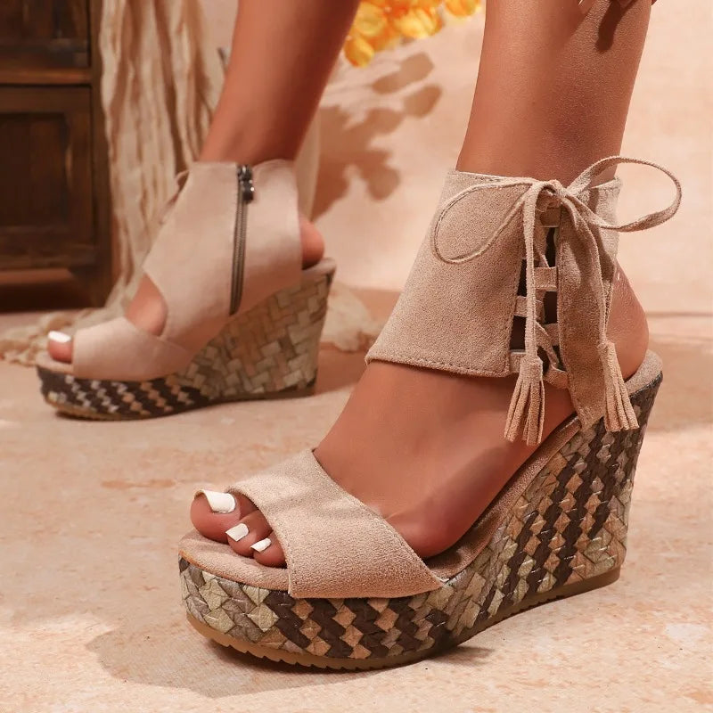 Summer Suede Leather Women's Cool Boots Thicken Heels Hollow Out Zpaxo khaki 43