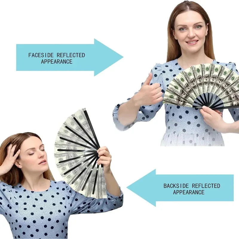 Large Folding Hand Tear Fan Dollar Pattern Music Festival Dance