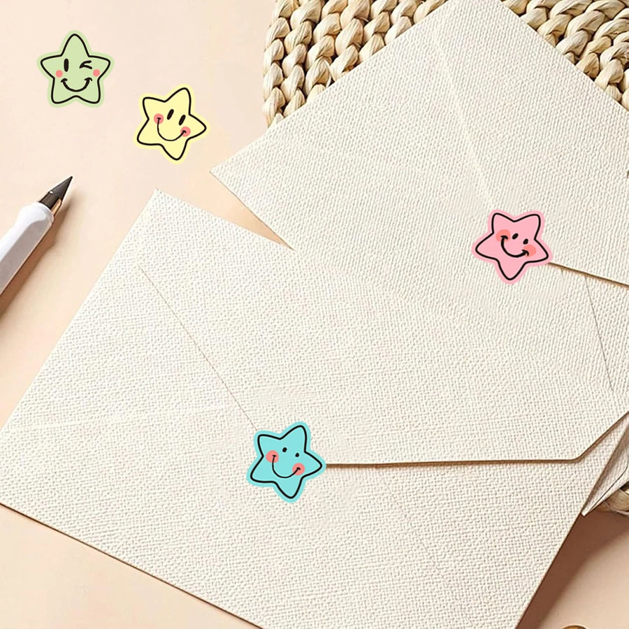 500 Pcs Colorful Star Expression Stickers Roll - Pastel Aesthetic Star-Shaped Labels with Cheerful Design, Self-Adhesive Zpaxo