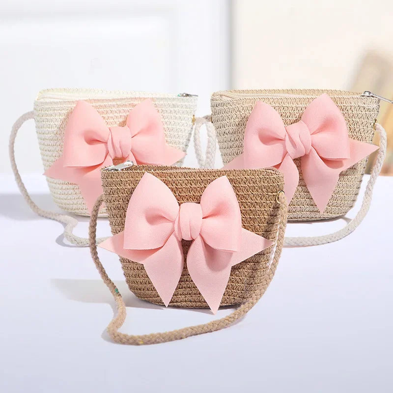 Cute Bow Straw Shoulder Bags Baby Girls Handmade Woven Crossbody Bag