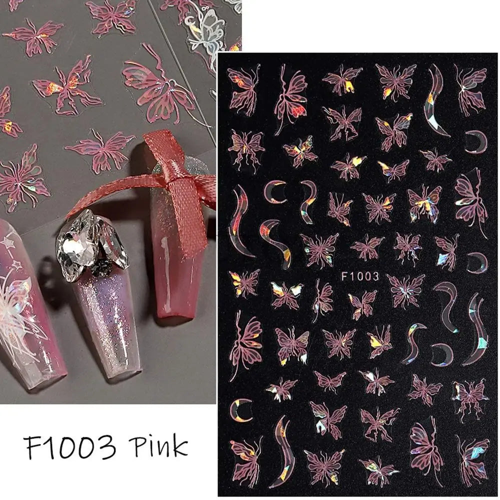 Butterfly Laser Nail Stickers Holographic Glitter Shining Adhesive Slider DIY 3D Nail Art Decal Decoration Zpaxo F1003-Pink