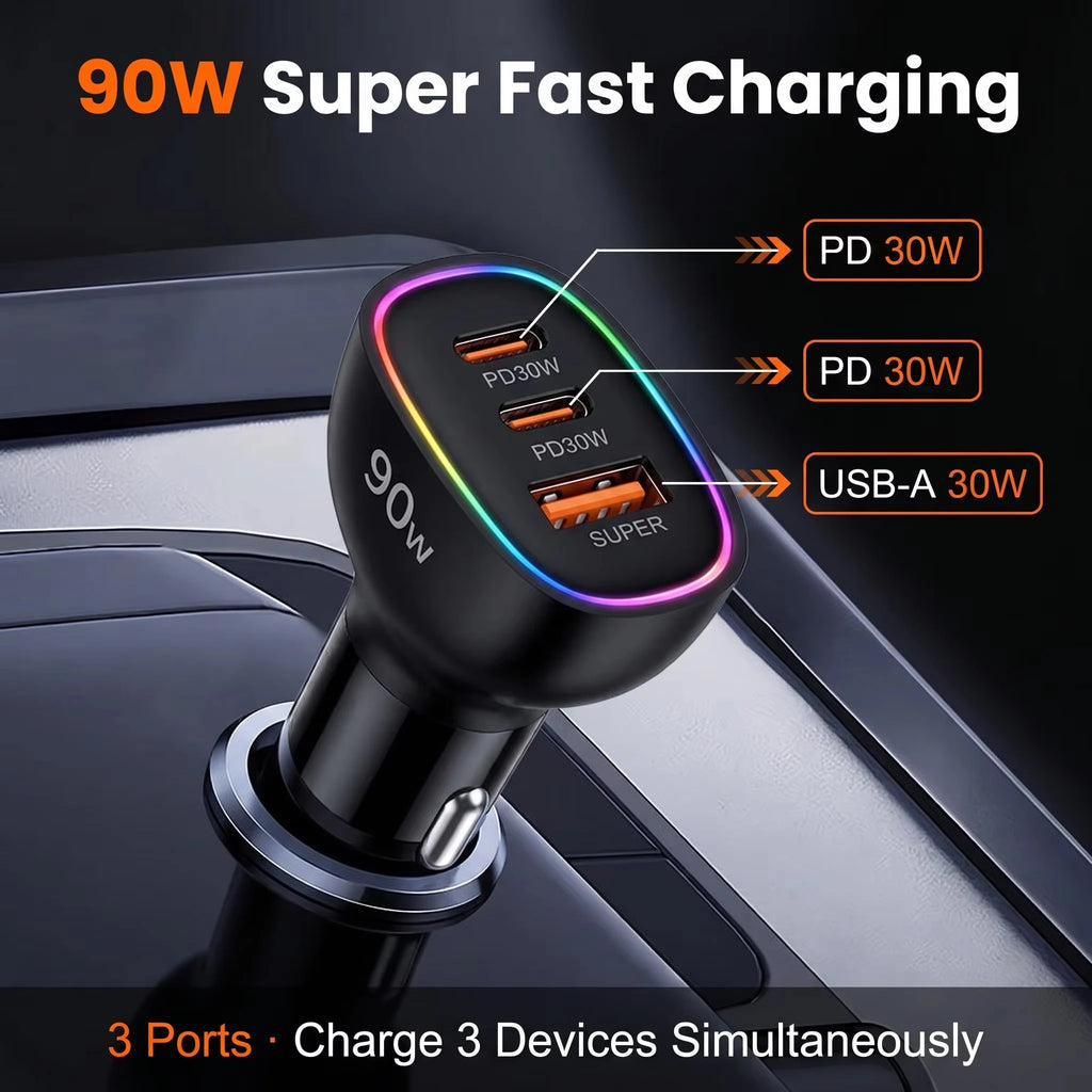 90W USB C Car Charger Dual PD 30W Multiple Ports Fast Charging