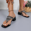 Women's Rhinestone Square Toe Summer Slippers 2026 Mid-heel Fashion Zpaxo black 35